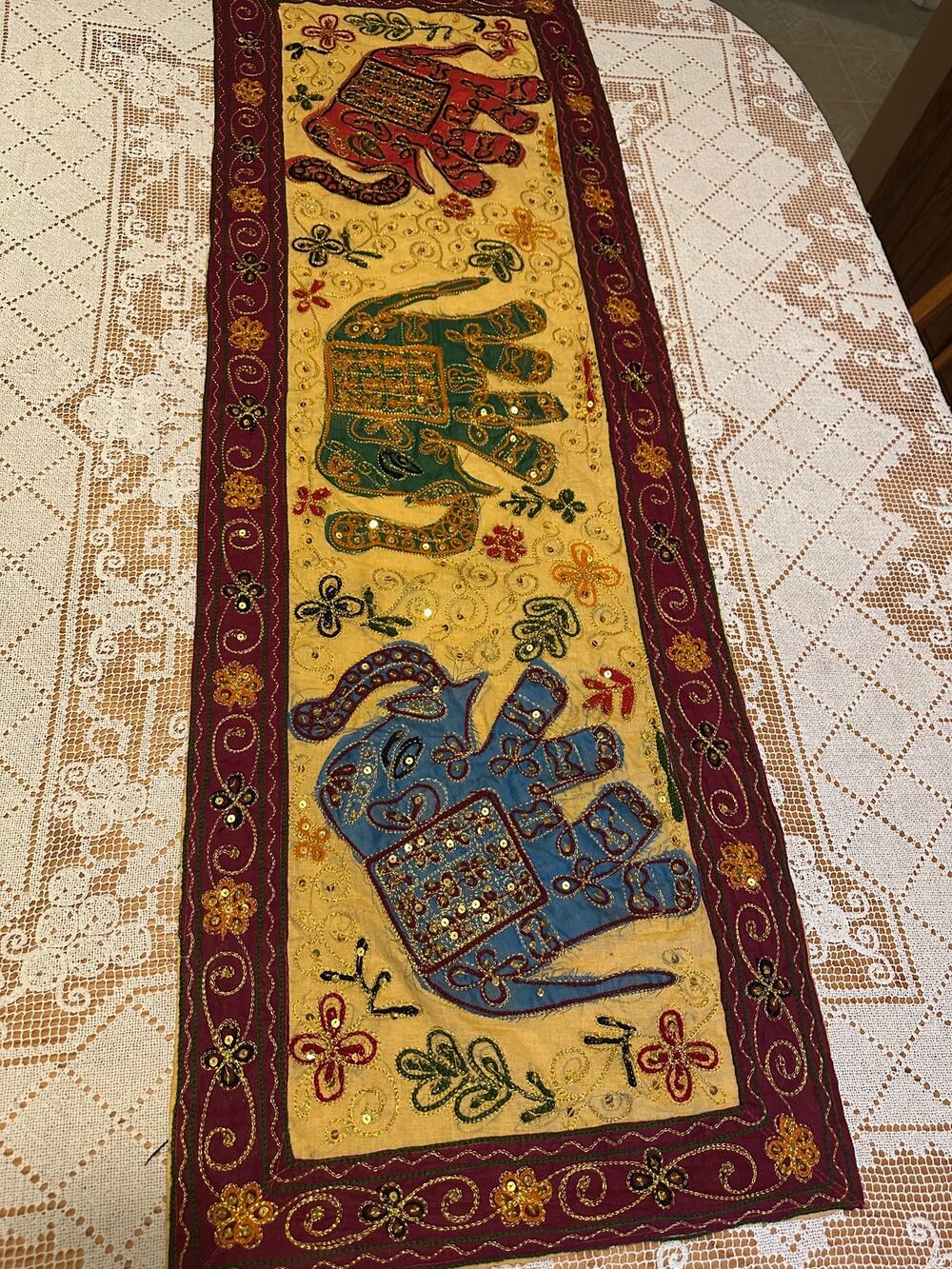 Vintage Indian Embroidered Elephant Table Runner Zardozi Patchwork Sequin 16x49
